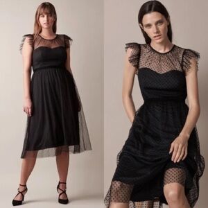 JW Jason Wu Black Flocked Dot Illusion Mesh Short Sleeves Midi Dress